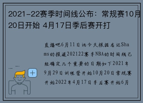 2021-22赛季时间线公布：常规赛10月20日开始 4月17日季后赛开打